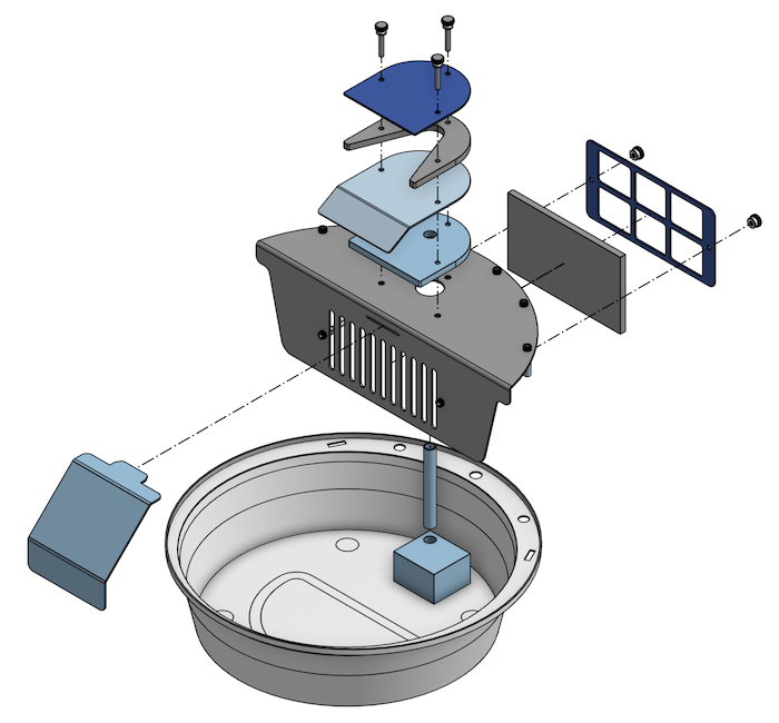 Exploded CAD view separating the bowl, submersible pump, riser tube, slotted shroud, filter and retaining frame, spillway, top plates and thumb screws.