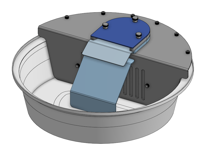 Isometric CAD render of the assembled bowl, showing the cover for the filter, the top plates, the spillway and the slotted pump intake.